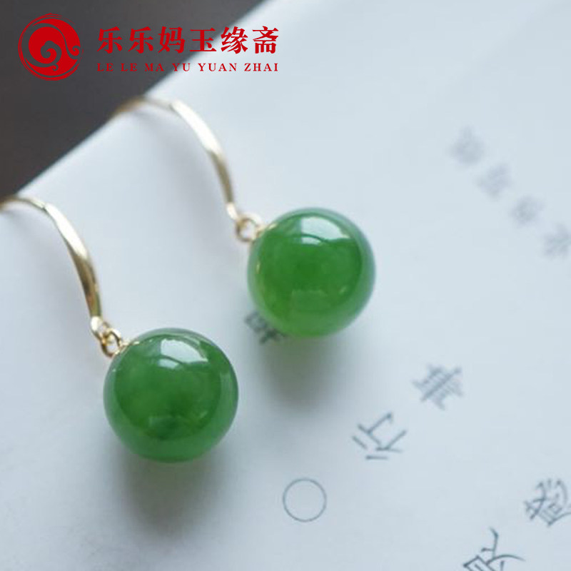 18k金镶和田玉耳坠，菠菜绿碧玉圆珠耳钩耳环，送妈妈的完美选择！-耳饰-淘宝好物网