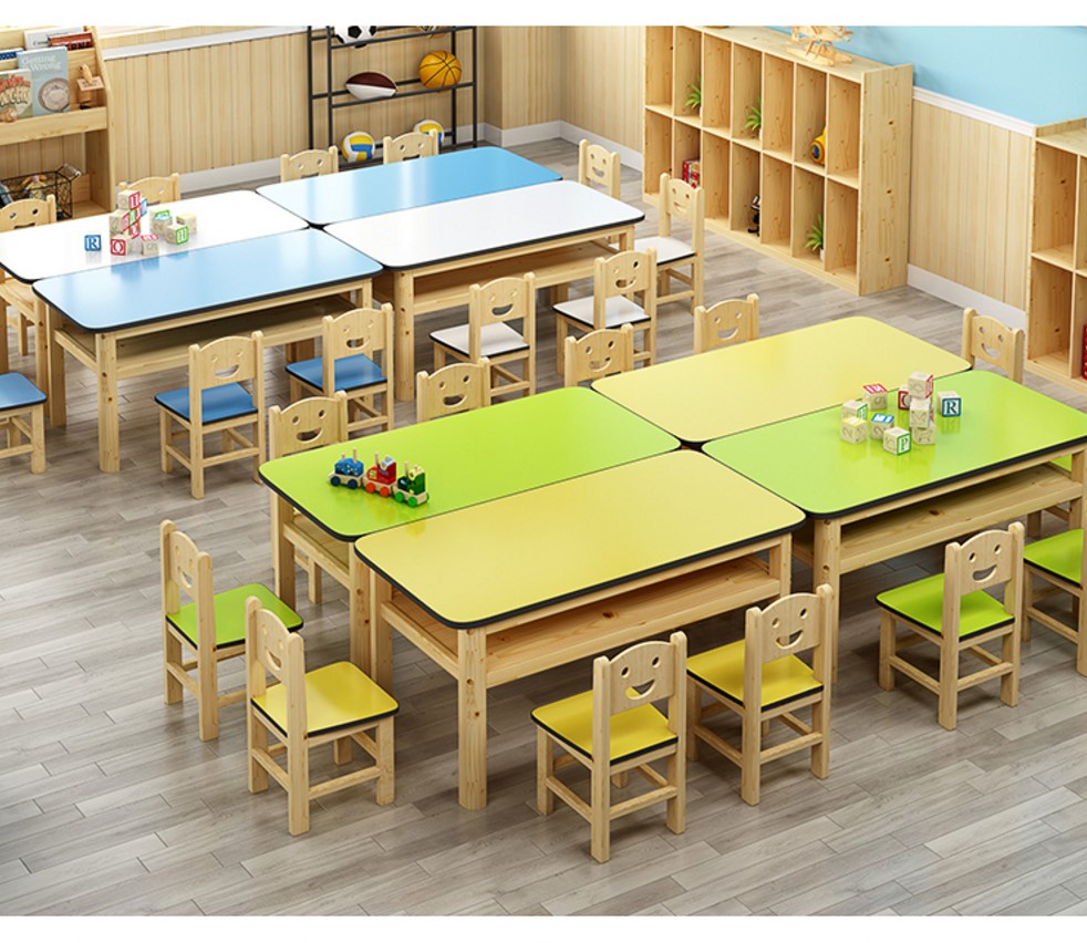 Kindergarten Solid Wood Table Training Course Fine Art Bantuan Class Table Students Long Strip Desks Painting Calligraphy Table Games Table