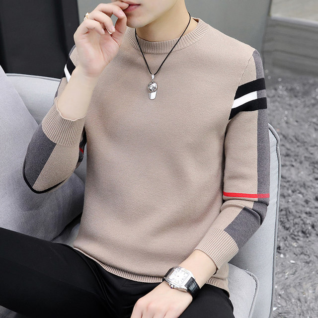 Spring and autumn thin knitted bottoming shirt plaid sweater for men