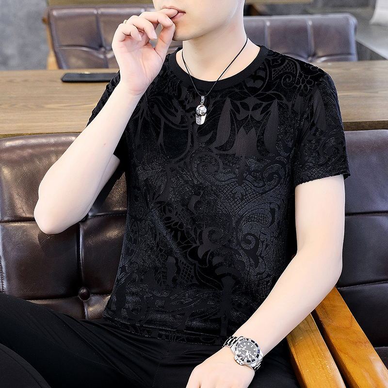 High-End Ice Silk Short-Sleeved T-Shirt for Men in Summer, Gold Velvet Cut Out Round Neck T-Shirt, Flocking Printed Quick-Drying Top High-End Ice Silk Short-Sleeved T-Shirt for Men in Summer, Gold Velvet Cut Out Round Neck T-Shirt, Flocking Printed Quick-Drying Top