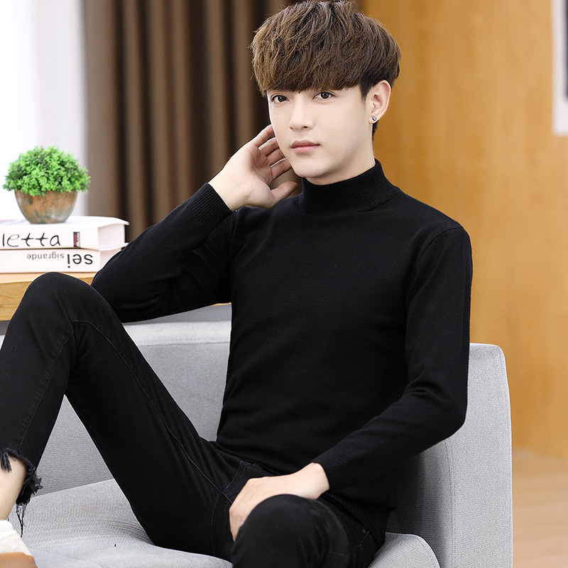 Teen pure black mid-half tall collar sweater men dress sweater sweater sweater in autumn winter