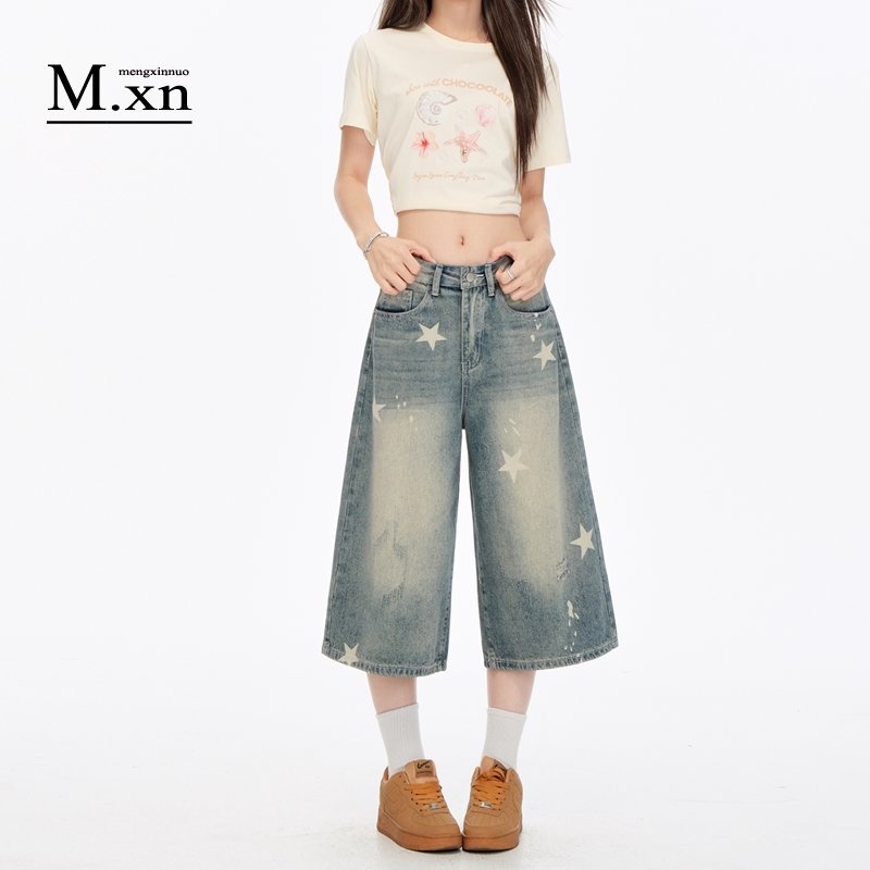 American Retro Star Print Cropped Pants for Women 2026 Summer Thin Casual Washed Loose Wide-Leg Denim Shorts