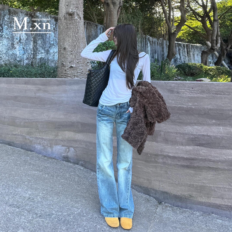 Vintage Blue American-Style Low-Waist Straight-Leg Jeans for Petite Women 2026 New Versatile Slimming Loose Flared Pants