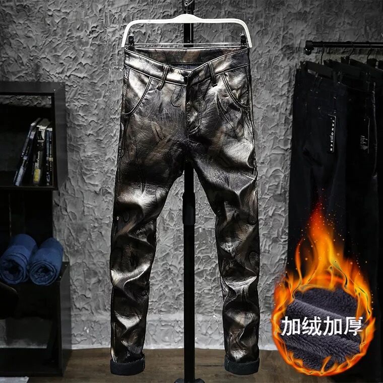 Cộng với quần nhung nam co giãn dày của Hàn Quốc Slim mùa thu và mùa đông mới pu da Slim triều nam chân xe máy quần legging nam