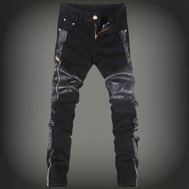 Tide quần da nam dây kéo phiên bản Hàn Quốc của mùa thu đông vừa vặn, denim mới khâu pu rửa da quần baggy nam
