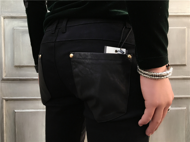 Tide quần da nam dây kéo phiên bản Hàn Quốc của mùa thu đông vừa vặn, denim mới khâu pu rửa da quần baggy nam