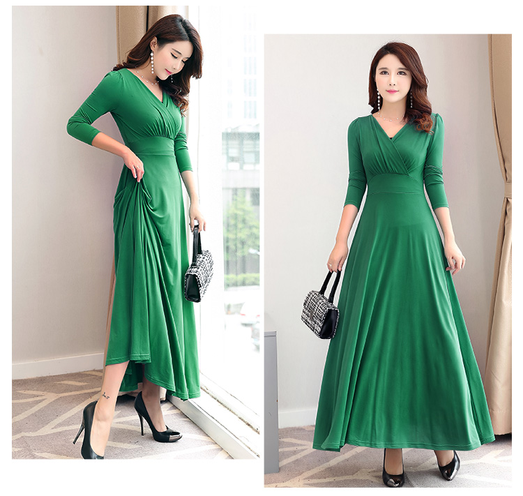 Váy nữ 2018 giảm béo thời trang váy mới đầm nữ tay ngắn cạp cao đầm xòe cổ chữ V váy yếm dài