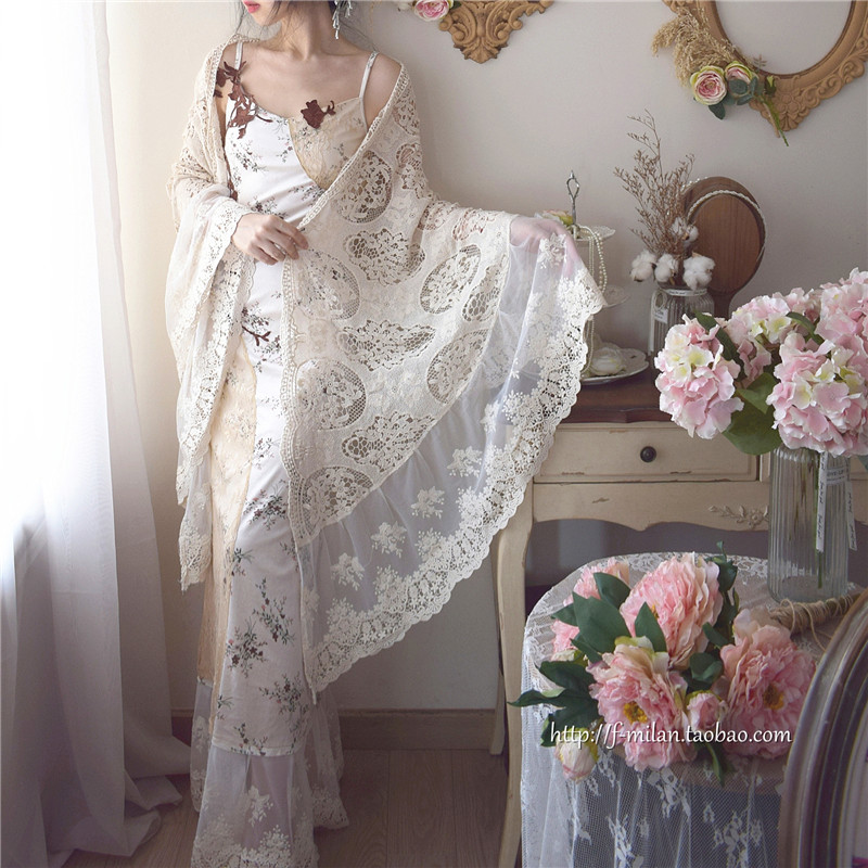 Lace Shawl for Spring and Autumn, Vintage Lolita Style, Antique Court Style, Pure Cotton Embroidery, Heavy Craftsmanship, Extra-Long Veil for Women