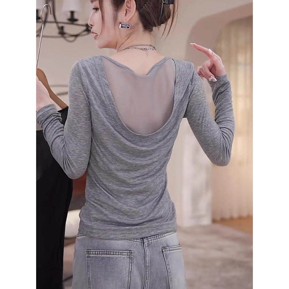 韩版时尚气质设计感小众网纱拼接露背长袖T恤打底衫女百搭上衣潮