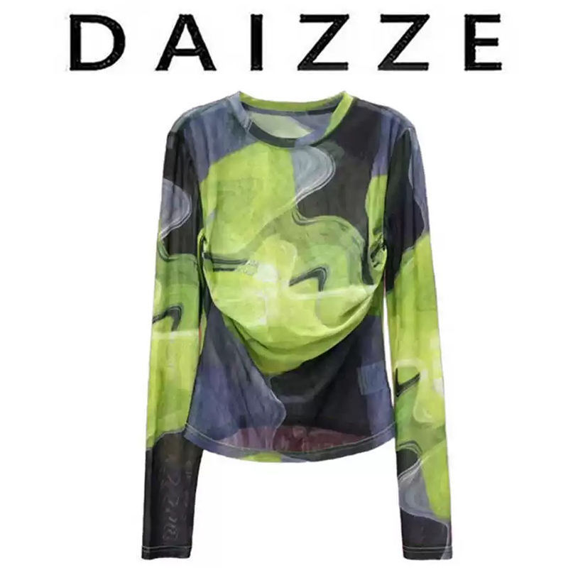 Designed Tie-Dye Ice Silk Mesh Long-Sleeve T-Shirt for Women, New Spring and Autumn Style, Color-Blocking Sun Protection Cover-Up Top