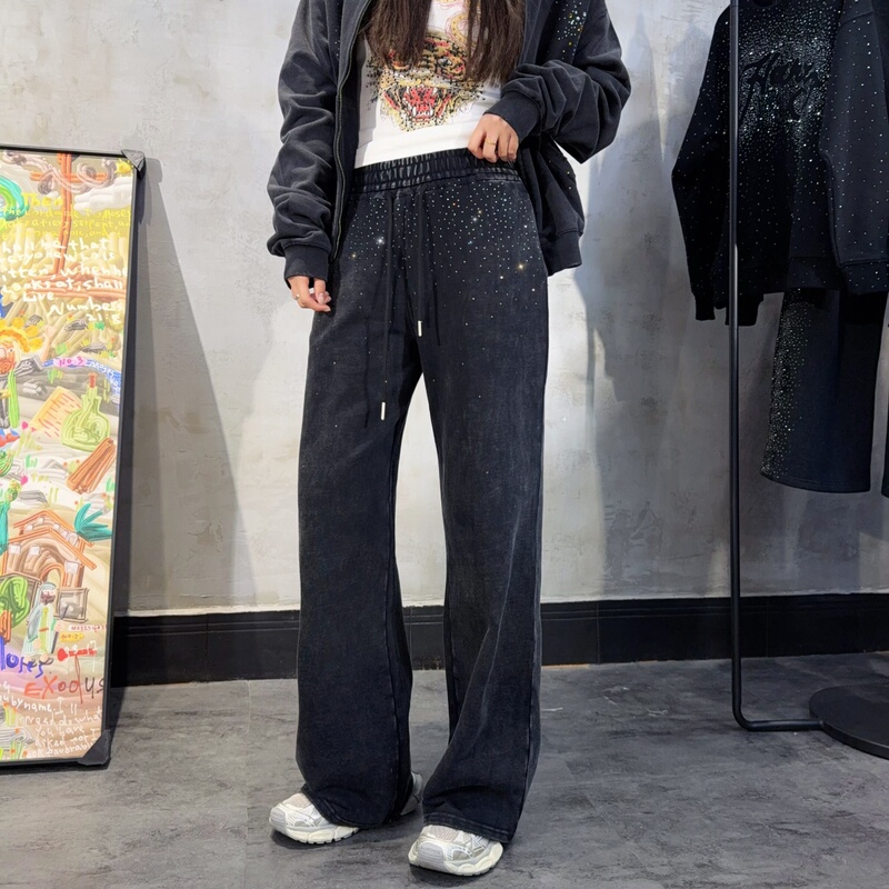 Gypsophila Rhinestone Elastic Waist Casual Long Pants, Washed Black, Distressed Straight-Leg Unisex Wide-Leg Rhinestone-Trimmed Trendy Brand Sweatpants