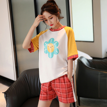 Pajamas womens summer thin cotton cardigan short-sleeved cute Korean version of home clothes pure cotton womens summer two-piece suit