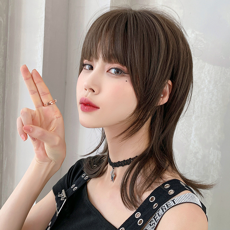Air bangs wig short hair female straight hair age reduction simulation natural full headgear net red wolf tail mullet head fashion