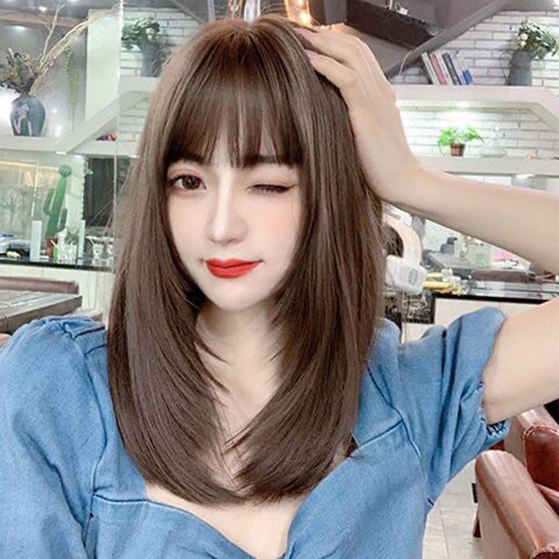 Air bangs wig female long hair full headgear simulation inner buckle clavicle hair Japanese daily ladies chemotherapy net red