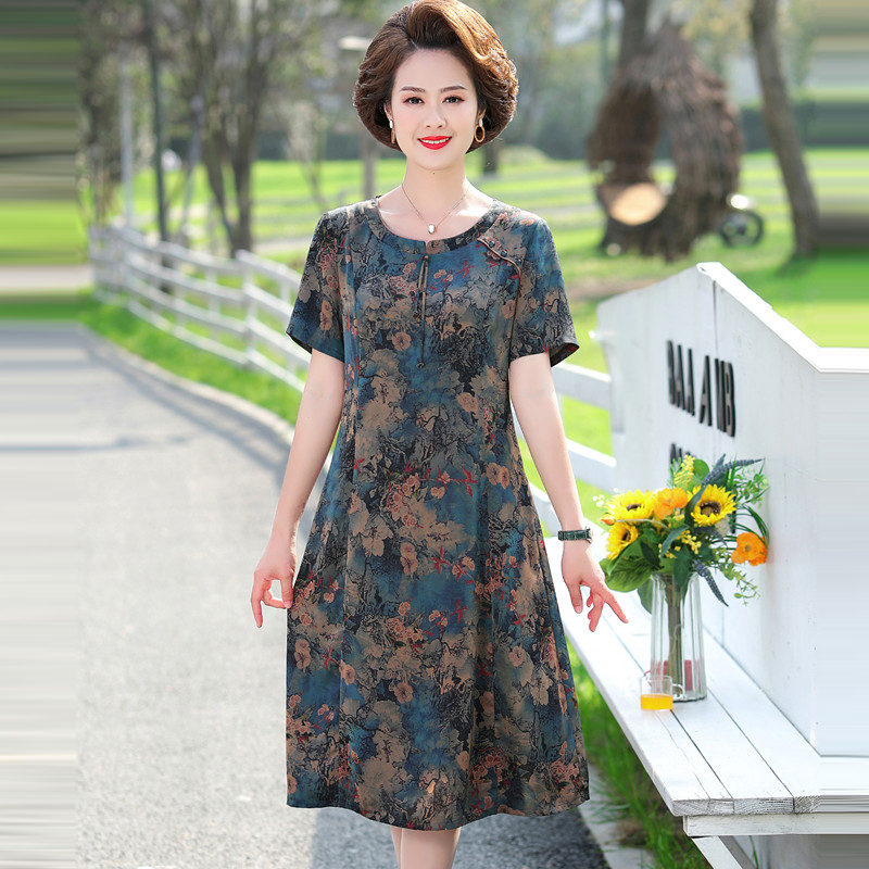 Summer Silk Dress for Grandma, Stylish High-End Summer Dress for Middle-Aged and Elderly Women, New Style Mulberry Silk Dress for Mothers
