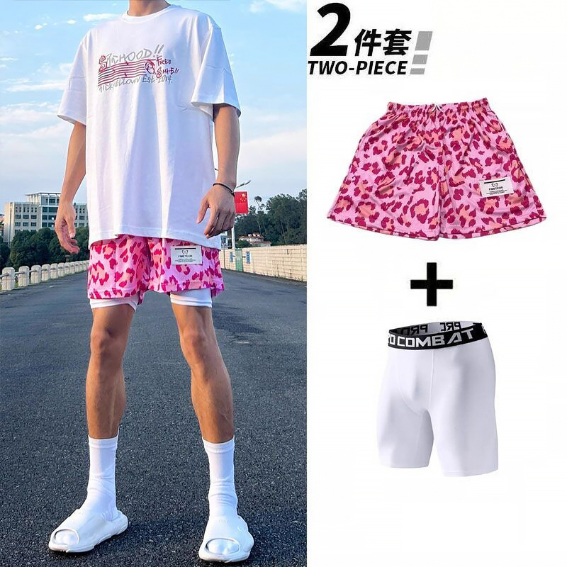 Summer Leopard Print American-Style Sports Shorts for Teenagers and Men, Lined Training Quick-Drying Four-Point Basketball Shorts for Men Summer Leopard Print American-Style Sports Shorts for Teenagers and Men, Lined Training Quick-Drying Four-Point Basketball Shorts for Men