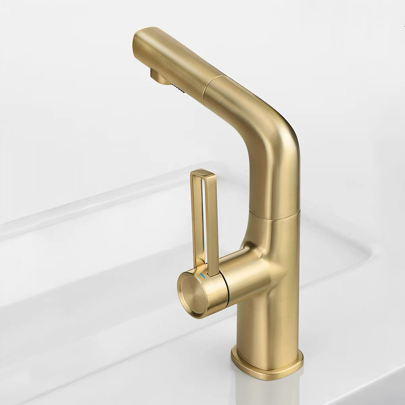 Brushed Gold Multifunctional Pull-Out Faucet for Bathroom Sink, Adjustable and Extendable, Multifunctional Silver Faucet