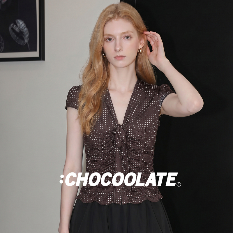 It: Chocoolate French Retro Polka Dot V-Neck Short-Sleeved Shirt for Women with a Bow, Very Pretty Waist-Cinching Top