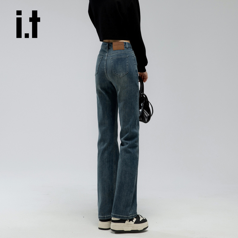 It: Chocoolate Textured Blue Slim Straight-Leg Jeans for Women, Spring High-Waisted Slim-Fit Drape Cigarette Pants