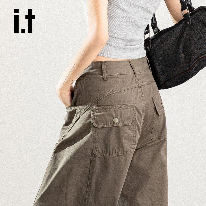 Chocoolate Retro Workwear Casual Pants for Women, Summer Thin Multi-Pocket Loose Wide-Leg Scimitar Pants