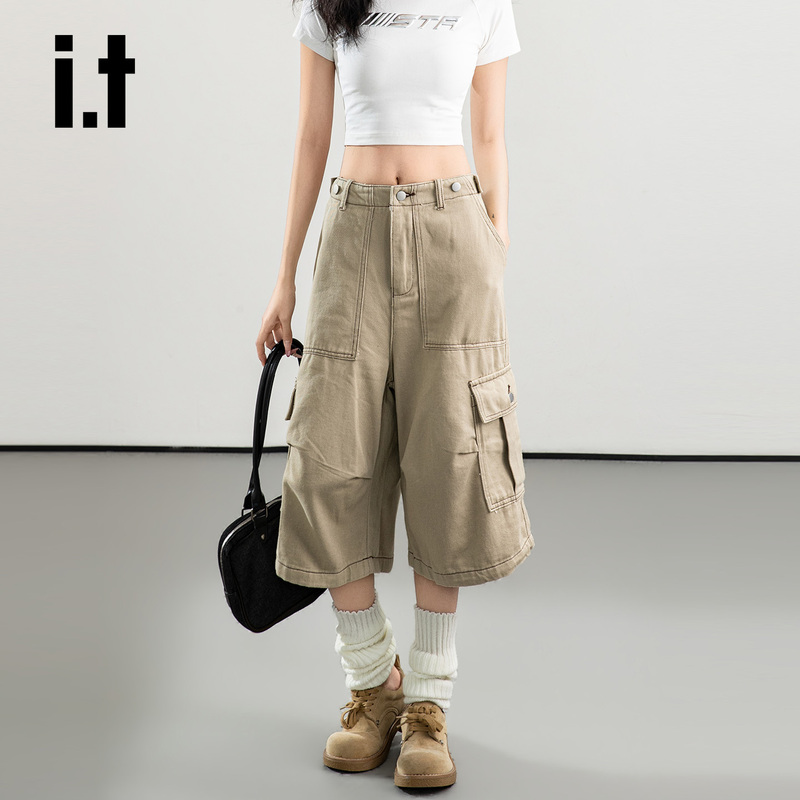 It: Chocoolate Khaki Three-Quarter Length Cargo Pants for Women, Stylish Multi-Pocket Loose Wide-Leg Casual Mid-Length Pants