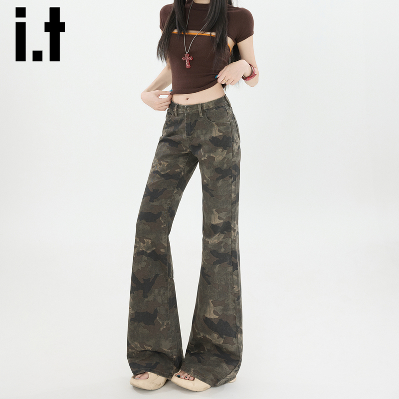 It: Chocoolate Camouflage Flared Jeans for Women, Low-Waisted American Retro Slim-Fit Flared Pants