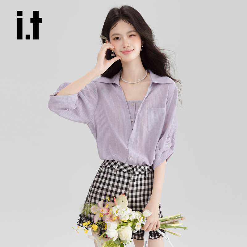 It: Chocoolate Design-Inspired Faux Two-Piece Purple Short-Sleeve Shirt for Women, Summer Thin Style, Loose-Fitting Top for Commuting It: Chocoolate Design-Inspired Faux Two-Piece Purple Short-Sleeve Shirt for Women, Summer Thin Style, Loose-Fitting Top for Commuting