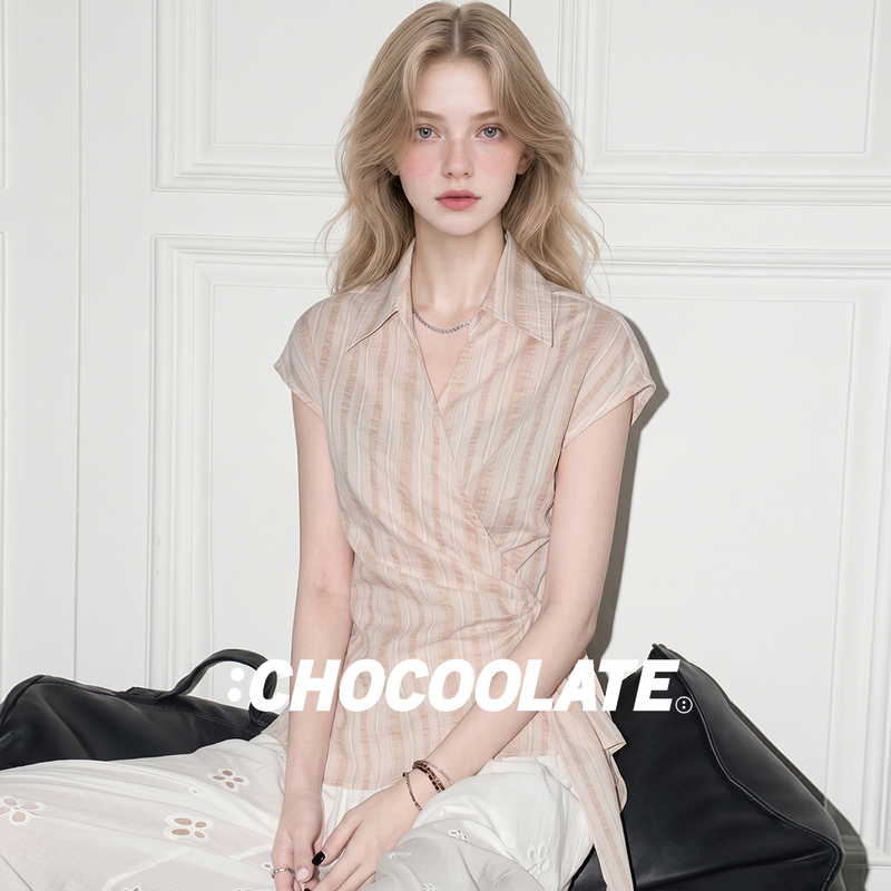 It: Chocoolate French-Style Elegant Pink Striped Shirt for Women, Summer Lyocell Lace-Up Waist-Cinching Slimming Top
