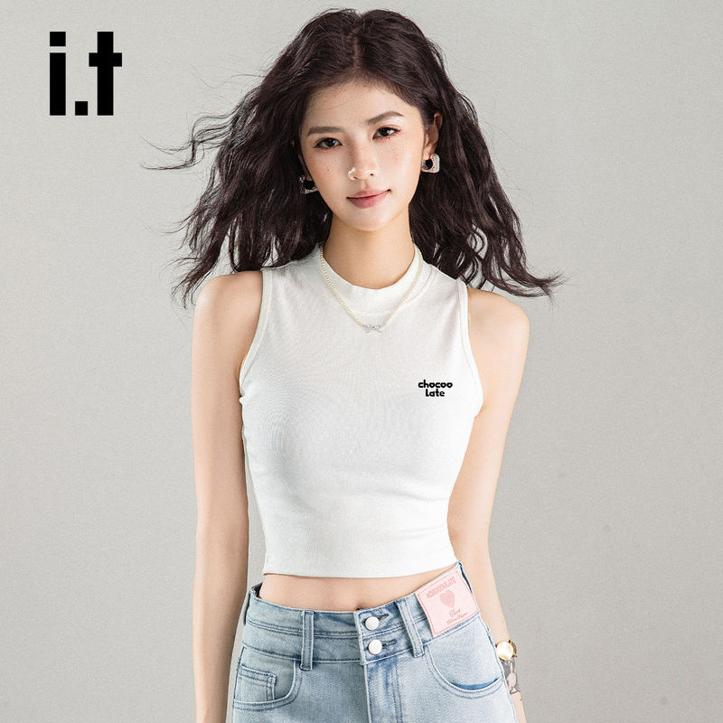 It:Chocoolate White Round-Neck Letter-Printed Vest, Summer Short Slim-Fit Sleeveless Top