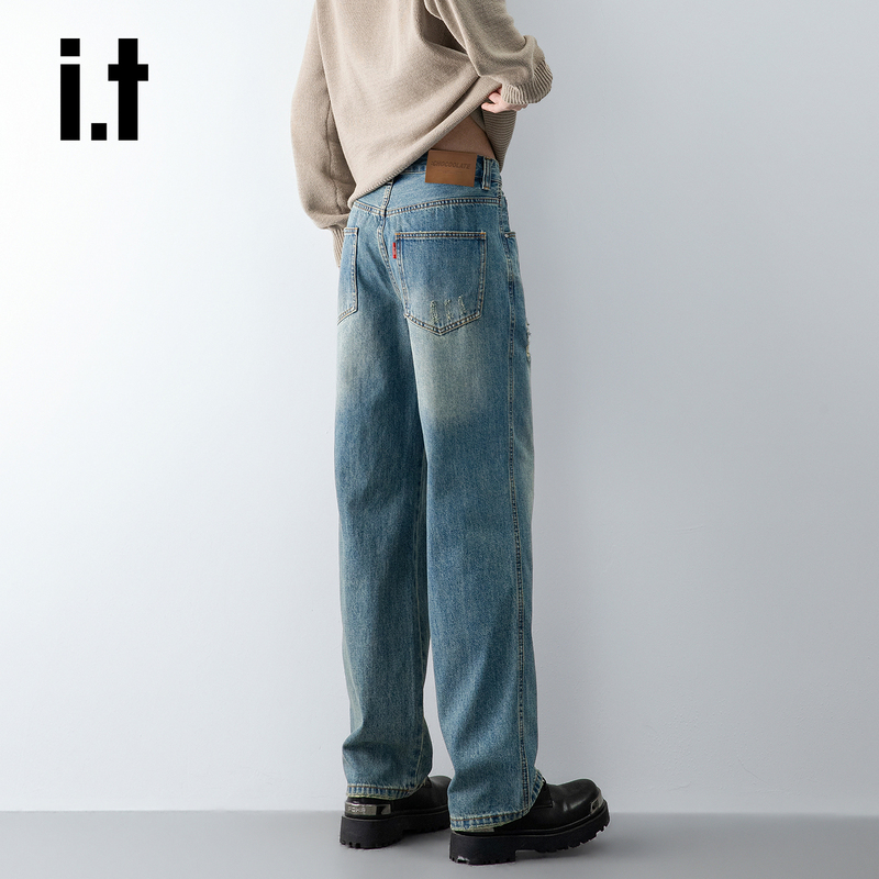 It: Chocoolate Washed Vintage Straight-Leg Jeans for Men 2026 New American Casual Loose Wide-Leg Pants
