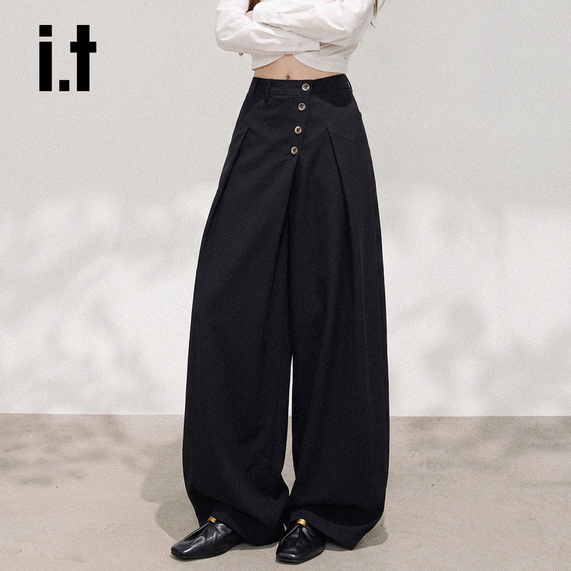 Chocoolate Retro Black Wide-Leg Suit Pants for Women with Irregular Button Placket, Loose Scimitar Casual Pants Chocoolate Retro Black Wide-Leg Suit Pants for Women with Irregular Button Placket, Loose Scimitar Casual Pants