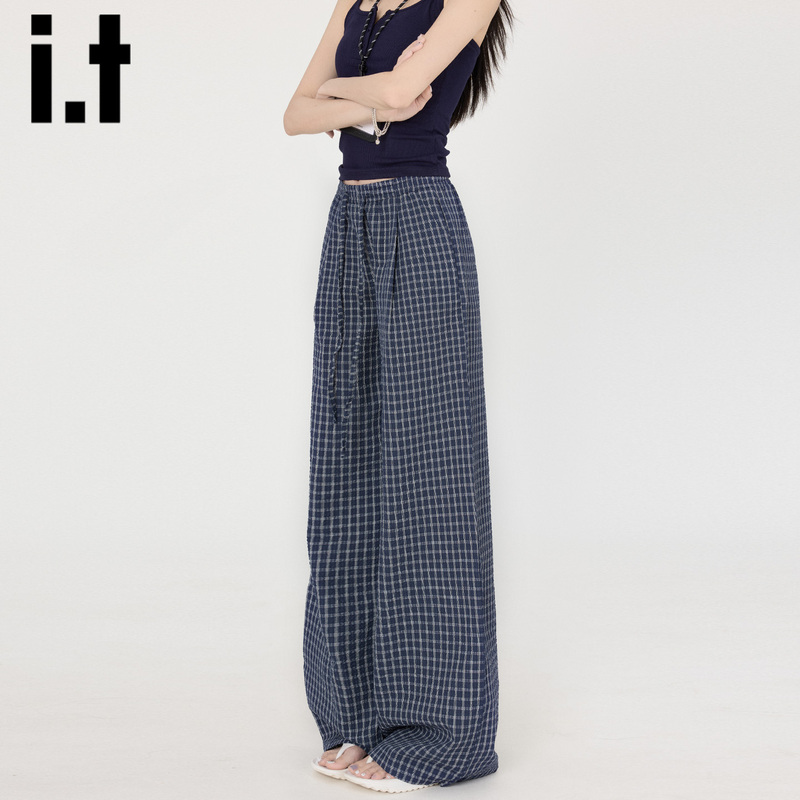 It: Chocoolate Navy Blue Casual Plaid Pants for Women, Spring Thin Style, Lazy Drape, High-Waisted Wide-Leg Pants