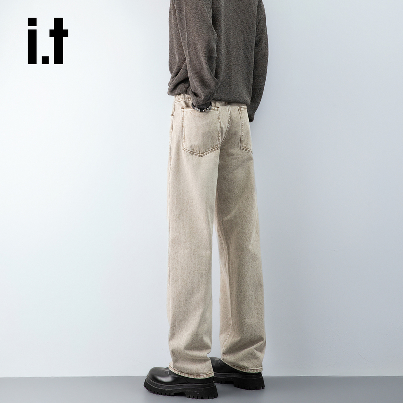 It:Chocoolate Brown Straight-Leg Jeans for Men, New American High-Street Style, Loose Fit, Washed and Distressed Wide-Leg Pants