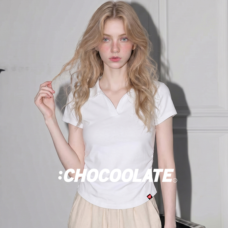 It:Chocoolate White Age-Reducing Polo Collar Short-Sleeved T-Shirt for Women, New Summer Style, Pleated Regular Shoulder Casual Top