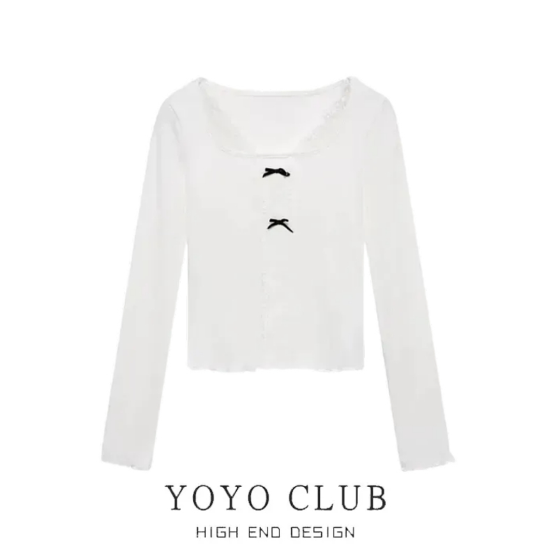 Brand Discount Pure Desire Bow Lace Trim Long-Sleeve T-Shirt for Women, Spring Slim-Fit Slimming Base Top Brand Discount Pure Desire Bow Lace Trim Long-Sleeve T-Shirt for Women, Spring Slim-Fit Slimming Base Top