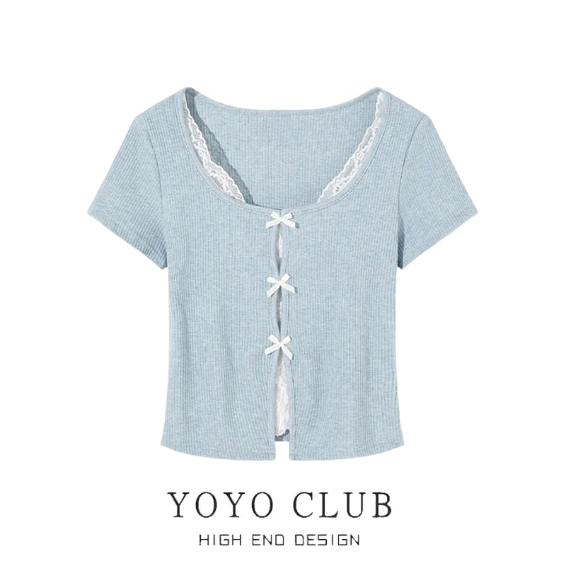 Brand Discount Summer Clothing, Spicy Short Blue Faux Two-Piece Short-Sleeve Bow Lace U-Neck T-Shirt for Women, Plus Size Top