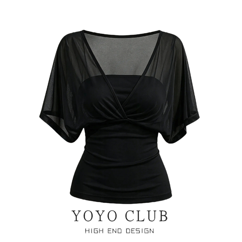 Brand Discount Korean Style Pure Desire V-Neck Mesh Cross Simple Short-Sleeve T-Shirt for Women, Waist-Cinching Slimming Patchwork Top