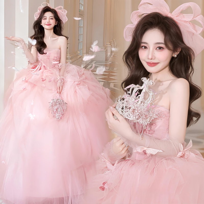 Pink-Themed Wedding Dress, New Style, One-Shoulder Princess Style, Sleeveless, Dreamy Long Dress, Studio Indoor Shooting, Couple's Dress