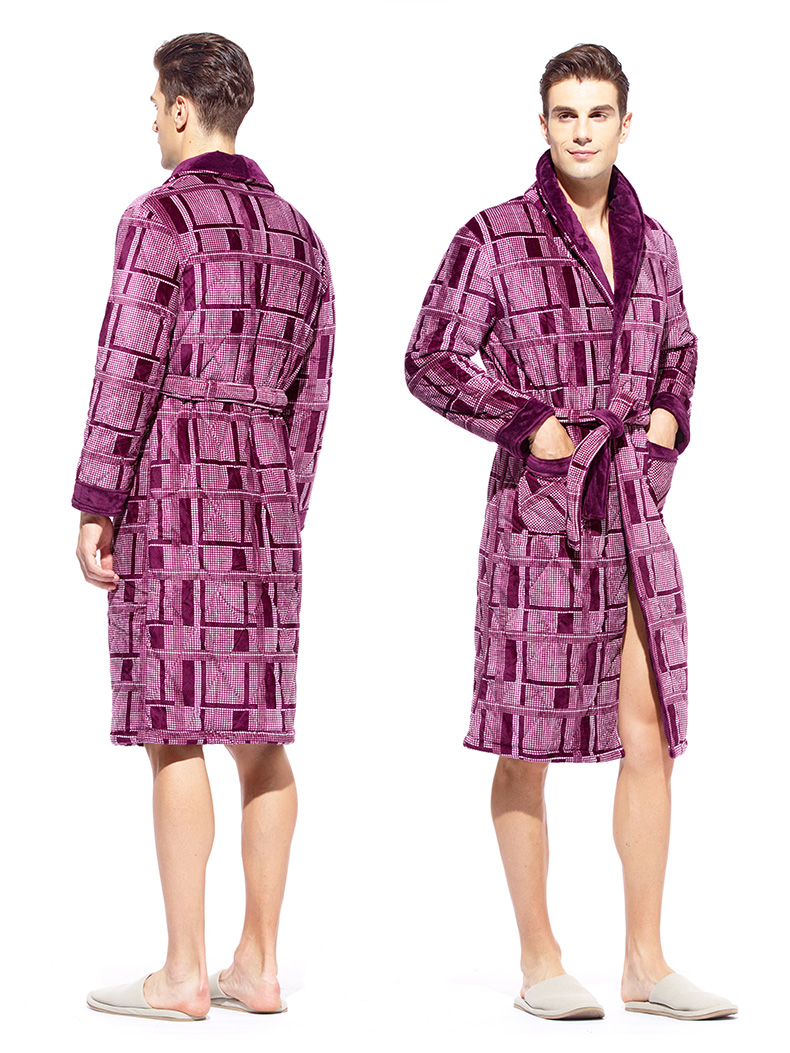 Han Cai pyjama nam mùa đông dày ba lớp cộng với nhung nhung san hô nhung áo choàng trung niên cha áo tắm kích thước lớn pijama nam