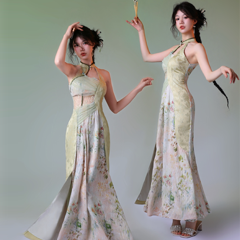 2kg LAOSHU Fragmented Rain Creates Flowers New Chinese Style Design Daily Cheongsam Halter Neck A-Line Floral Dress Mermaid Skirt