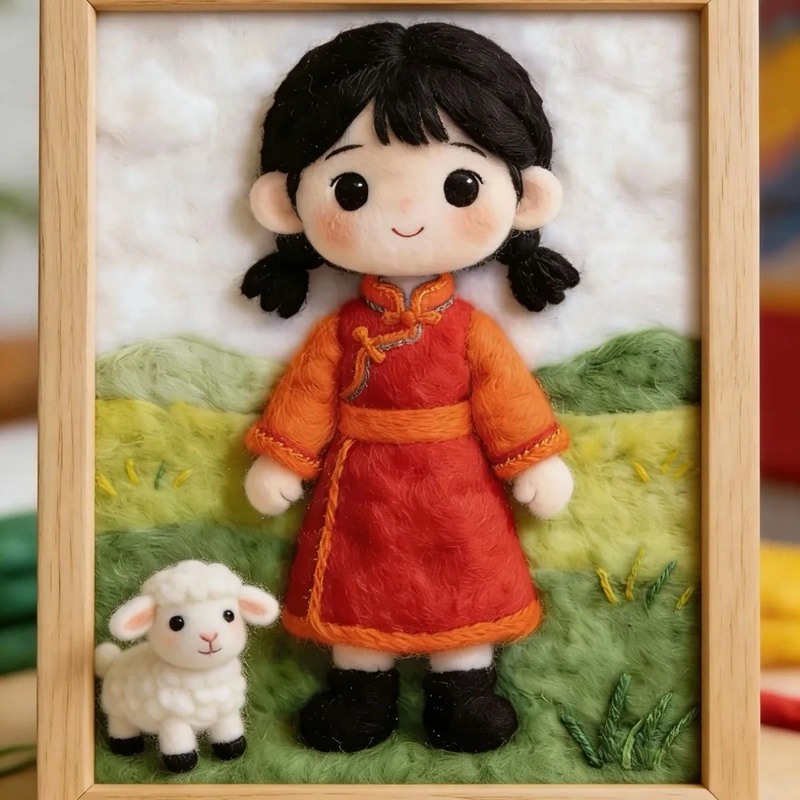 Wool Felt Needle Felting Kit Mongolian Little Girl Sheep DIY Handmade Material Kit, Not a Finished Product
