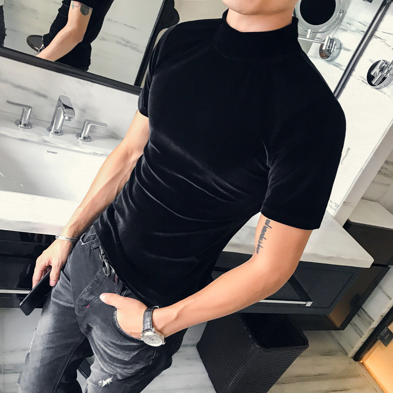 Spring and autumn men's velvet semi-high collar short sleeve undershirt for men's pure color semi-cut sleeves T-shirt tight with short sleeves