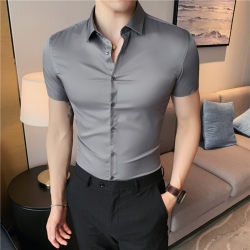 ເສື້ອເຊີດແຂນສັ້ນ Summer thin ice silk short-sleeved men, Korean version, trendy and slim-fitting 2024 new business half-sleeved men's shirt, no ironing