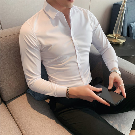 2024 high-end gray long-sleeved suit shirt for men with elastic inner Korean style slim business short-sleeved base shirt