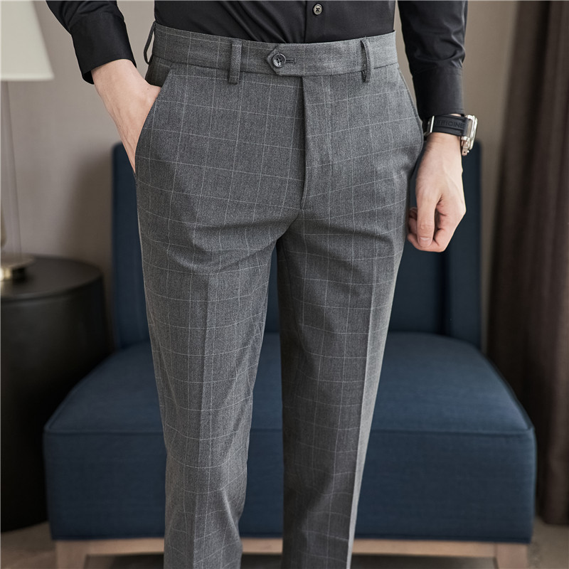Men's Casual Pants Autumn and Winter New Slim Fit Tapered Business Plaid Dress Pants Trendy Gray Suit Long Trousers for Men
