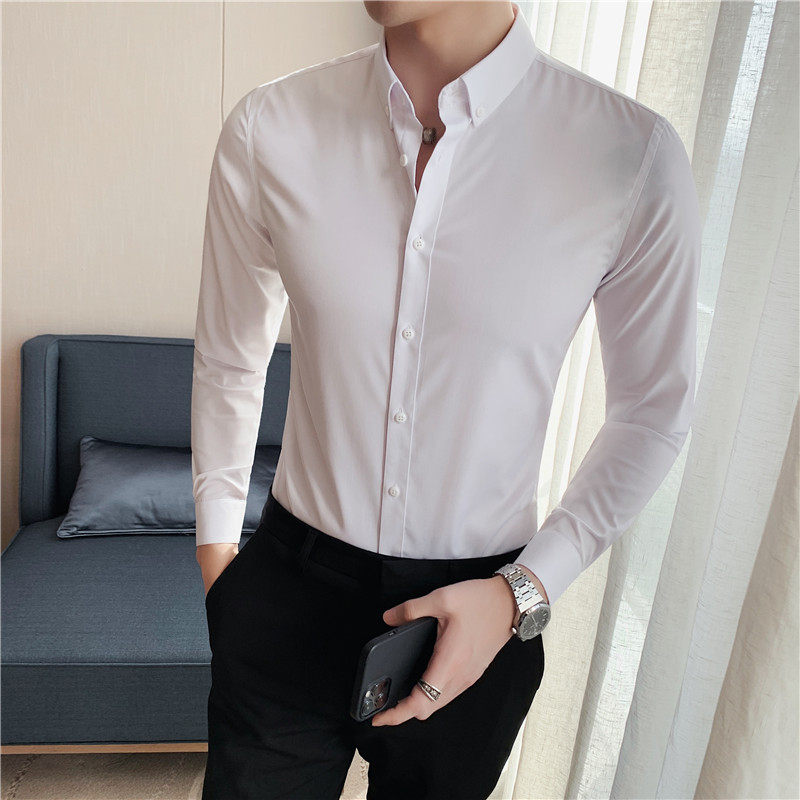 Spring and autumn new white long-sleeved shirt men's Korean version of the self-cultivation type inner shirt hair stylist personality trend inch clothes