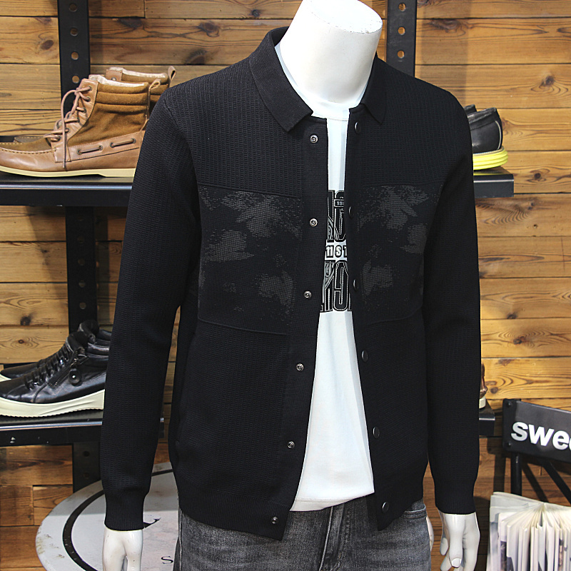 Spliced Dark Pattern Printed Men's Lapel Knitted Jacket, Simple Slim Fit Versatile Young Handsome Sweater Cardigan Coat