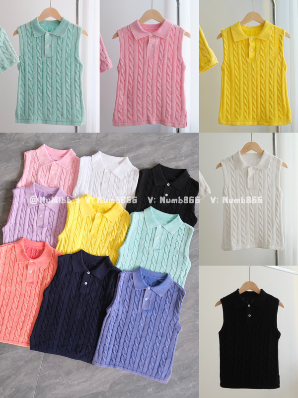 25 New Styles of Classic Braided Embroidery Sleeveless Vests in the Same Style as the Idol Krystal Jung, with a Washed Vintage Polo Collar for Women