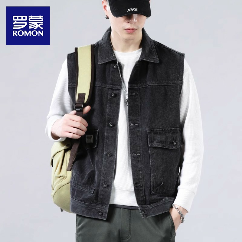 Romon American Retro 2026 Spring New Denim Vest for Men, Loose Sleeveless Vest, Workwear Jacket