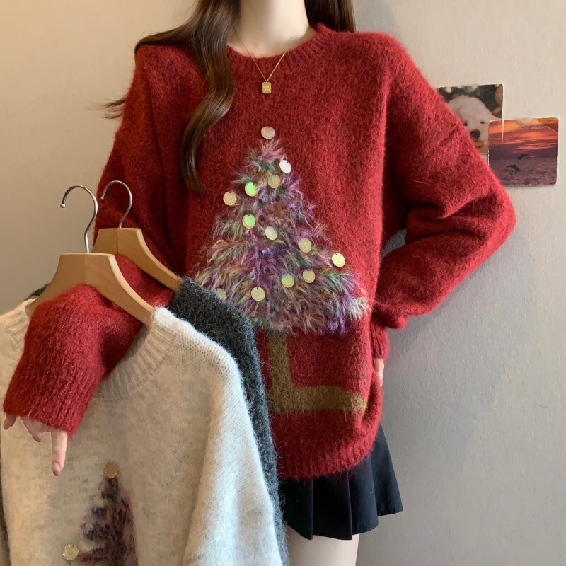 Plus-Size Lazy Style Christmas Atmosphere Sequin Sweater for Chubby Women, Autumn and Winter Casual Versatile Age-Reducing Slimming Knitwear